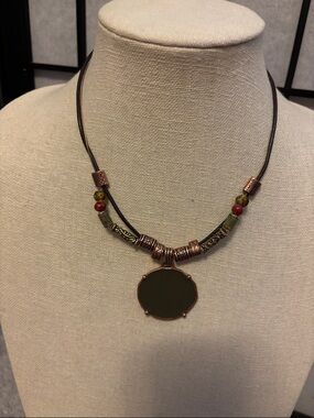 Chico's Olive Green & Red Beaded Leather Pendant Necklace